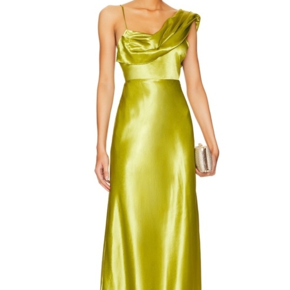 House of Harlow 1960 One Shoulder Satin Dress in Lime